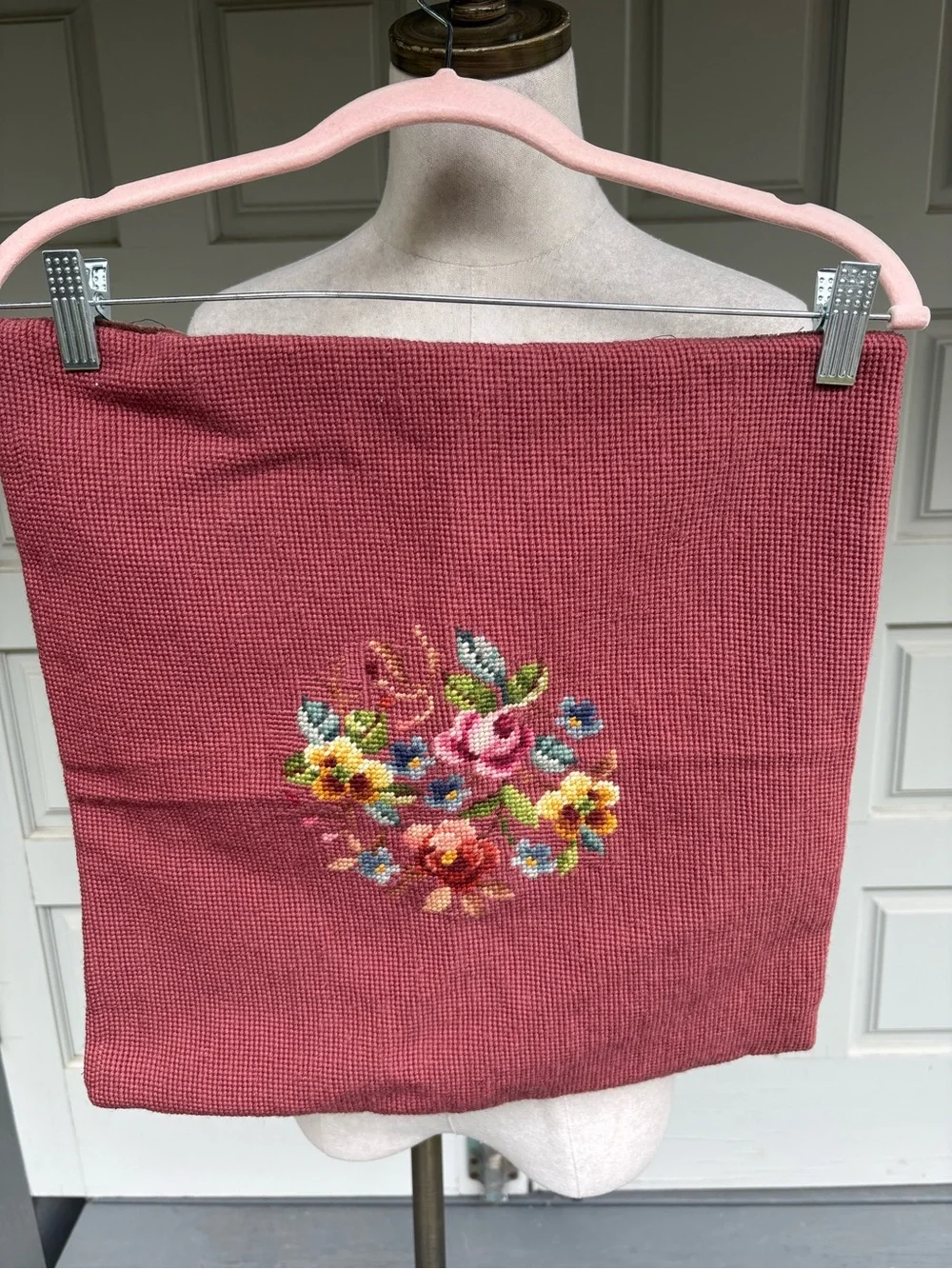 Embroidered Handmade Floral Needlepoint Pillow Cover🌸Rose Pink with Velvet Back